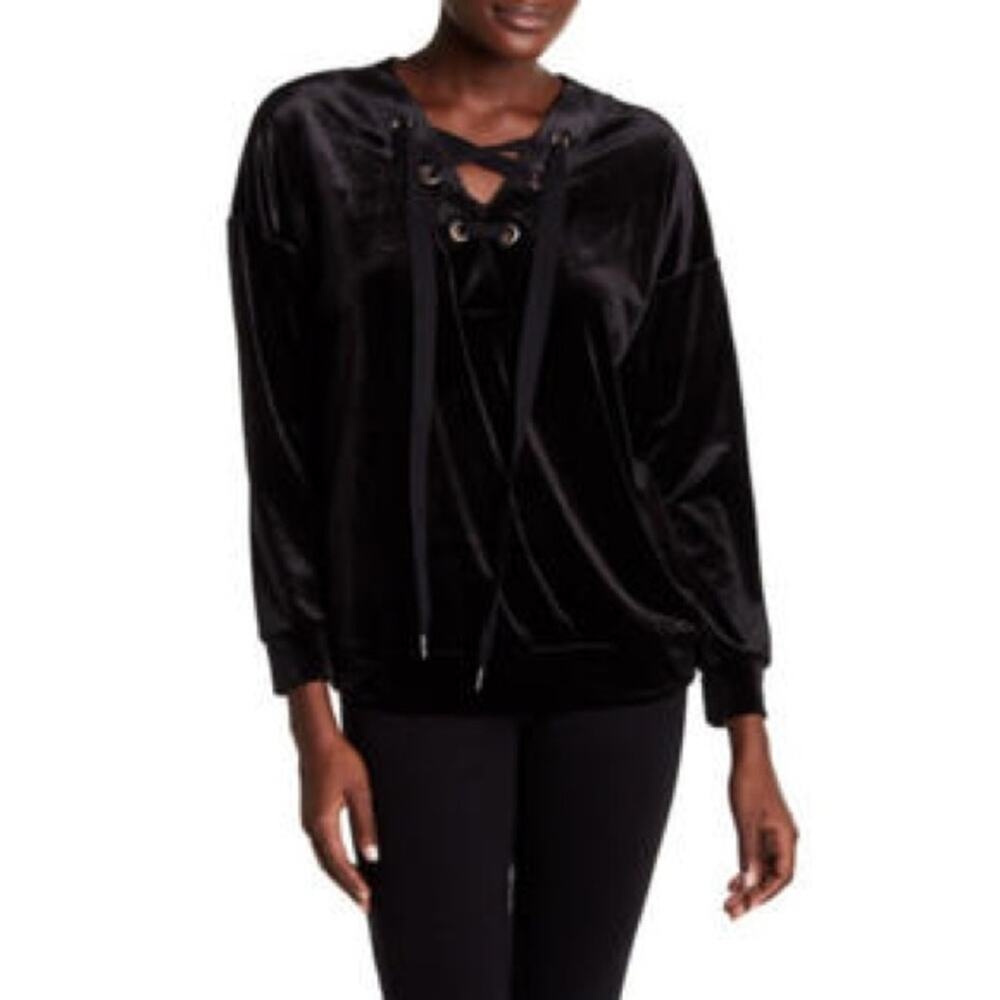 Bobeau Velour Lace Up Rivet Black Long Sleeve Womens XL Pullover Soft Sweater